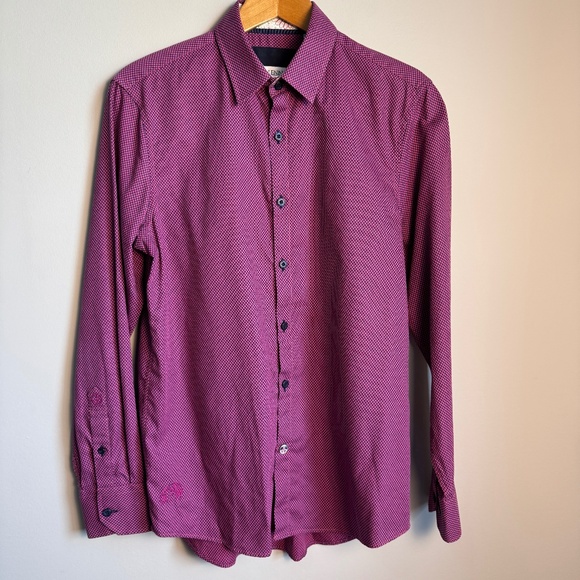 John Lennon Mens Geometric Casual Dress Shirt Fuchsia‎ Small Flip Cuffs Preppy - Picture 1 of 16